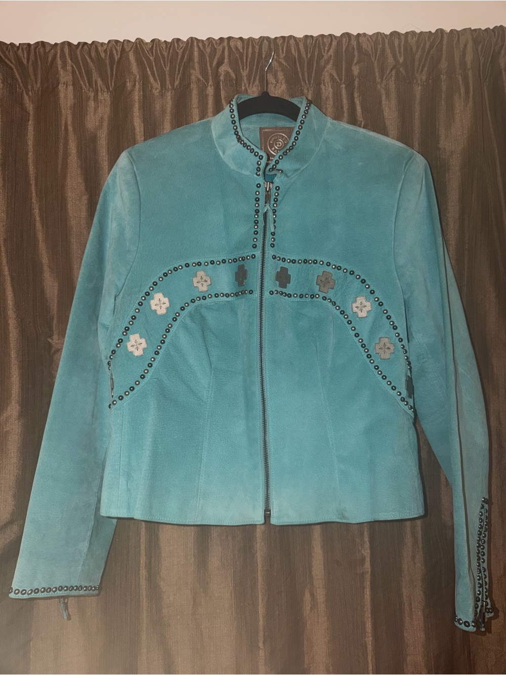 Double D Ranch Vintage Turquoise Suede Studded Cross Jacket